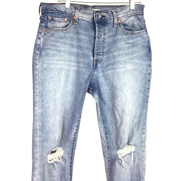 Levis Jeans Women 32 Blue High Rise Wedgie Straight Button Fly Stretch Distress - Picture 2 of 12